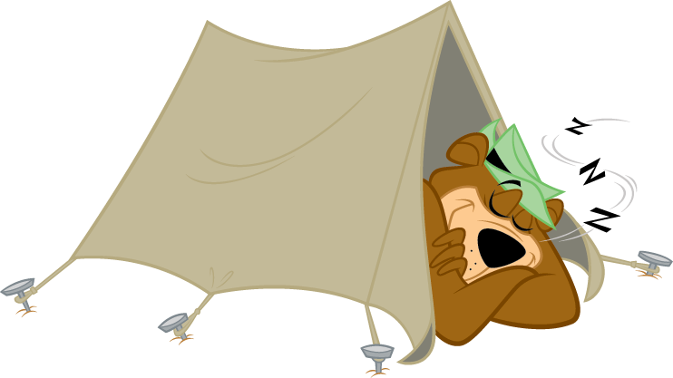 Yogi Bear sleeping in a tent